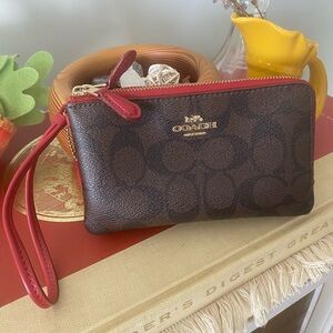 Coach Brown Signature Canvas Corner Zip Wristlet with Red Trim